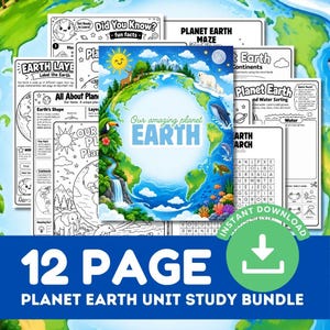 以下が含まれることがあります： 地球に関する12ページの学習教材セット。地球、太陽、月、動物のイラストと「Our amazing planet EARTH」というテキストが描かれたカラフルな表紙と、白黒の教育用ワークシートで構成されています。