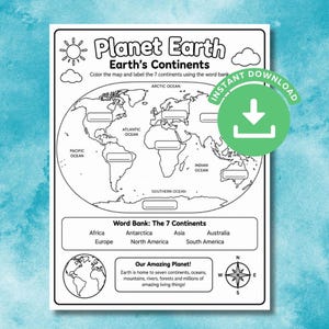 7 Continents of the World Worksheet, Map Labeling Activity Coloring Page, Elementary Geography Study Guide, Kids Science Digital Download