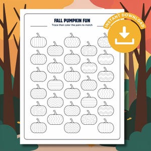 Op de afbeelding: Een wit werkblad met de titel FALL PUMPKIN FUN en de instructie Trace then color the pairs to match. De pagina bevat meerdere zwart-witte pompoenomtrekken met diverse patronen, waaronder strepen, zigzaglijnen, krullen en hartjes.