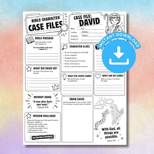 May include: A black and white printable worksheet titled Bible Character Case Files: David. The page includes sections for Bible passages, character clues, a mission challenge, and a space to draw David, featuring illustrations of a harp and a shepherd.