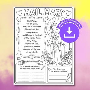 May include: A black and white coloring page featuring the Hail Mary prayer, an illustration of the Virgin Mary with roses, and a memory activity section. The page includes text, a pencil icon, a rosary icon, and a purple instant download icon.