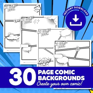 Op de afbeelding: Een set sjablonen voor stripboekpagina's met zwart-wit panelen, tekstballonnen, geluidseffecttekst zoals SMASH en de koptekst MY COMIC BOOK. Het ontwerp bevat een blauw rond icoon met een wit downloadpijlsymbool.