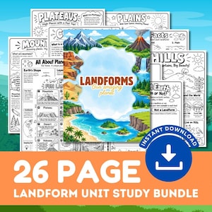 Peut inclure: Un ensemble d'étude sur les reliefs de 26 pages comprenant des feuilles de travail imprimables en noir et blanc avec des illustrations de montagnes, plaines et plateaux, et une page de couverture colorée intitulée Landforms Our amazing planet.