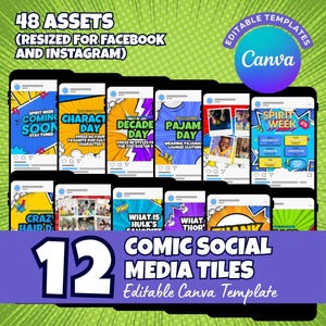 Editable Comic Social Media Tiles Canva Template, School Spirit Week Instagram Post, Superhero Pop Art Facebook Announcement Graphics PDF
