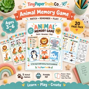 Peut inclure: Un jeu de mémoire sur les animaux à imprimer par TinyPaperTrailsCo comprenant 60 cartes, 30 paires et 5 habitats. Le kit inclut des listes d'animaux de la ferme, du safari et des bois, des pages à colorier et des fiches pour les 3-6 ans.