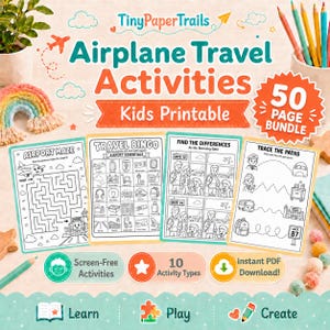 Airplane Activity Pack Printable, 50 Pages, Kids Flight Travel Games, Plane Busy Book PDF, Coloring Pages, Screen-Free Vacation Activities