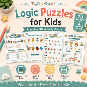 Könnte beinhalten: Ein druckbares PDF-Aktivitätenpaket mit dem Titel Logic Puzzles for Kids von TinyPaperTrailsCo. Das Set enthält 20 Rätsel und 4 Lösungsblätter mit verschiedenen Logik-, Muster- und Code-Knacker-Spielen sowie bunten Illustrationen von Tieren und Essen.