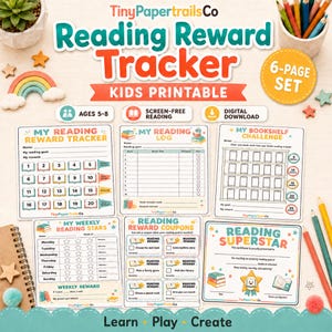 May include: A 6-page printable reading reward tracker set for kids featuring a reward tracker, reading log, bookshelf challenge, weekly stars chart, reward coupons, and a reading superstar certificate with colorful book and star graphics.