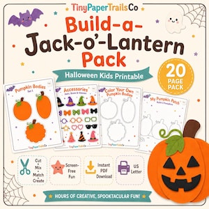 May include: A 20-page printable Halloween activity pack titled Build-a-Jack-o'-Lantern Pack by TinyPaperTrailsCo. Includes sheets for pumpkin bodies, accessories like hats and glasses, coloring pages, and a pumpkin patch scene for kids.