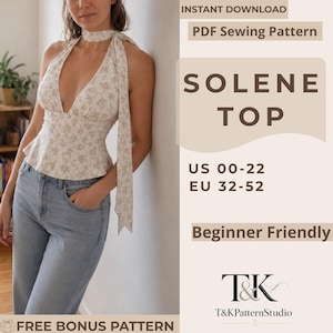 Op de afbeelding: Een haltertop met bloemenprint, een strik bij de hals en een peplum taille. De tekst luidt: INSTANT DOWNLOAD, PDF Sewing Pattern, SOLENE TOP, US 00-22, EU 32-52, Beginner Friendly, T&K, T&KPatternStudio, FREE BONUS PATTERN.