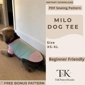 Molde em PDF para costura de camisetas para cães e gatos, tamanhos P a GG para animais de estimação de pequeno e médio porte, roupas fáceis de fazer para seus pets, imprimível em formatos A4, Carta e A0.