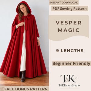 Hooded Cloak Sewing Pattern PDF, Fantasy Cape Pattern, Medieval Cloak, Halloween Costume, Witch Wizard Cape, Cosplay Sewing Pattern