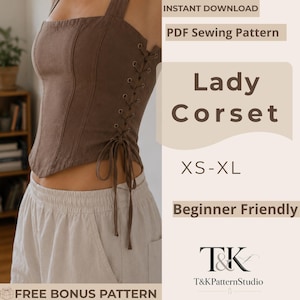 Patrón de costura en PDF para top tipo corsé / Top bustier con cordones / Tallas US 00-22 EU 30-54 / Corsé estilo cottagecore ideal para principiantes / Descarga instantánea