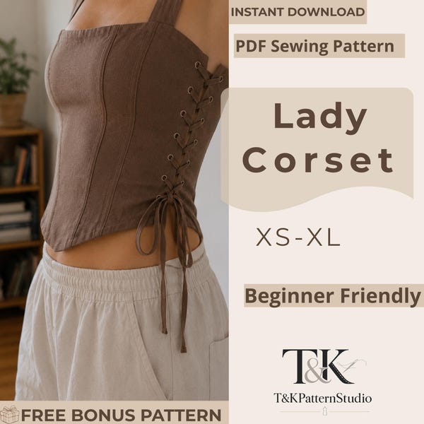 Corset Top PDF Sewing Pattern | Lace Up Bustier Top | Sizes US 00-22 EU 30-54 | Beginner Friendly Cottagecore Corset | Instant Download