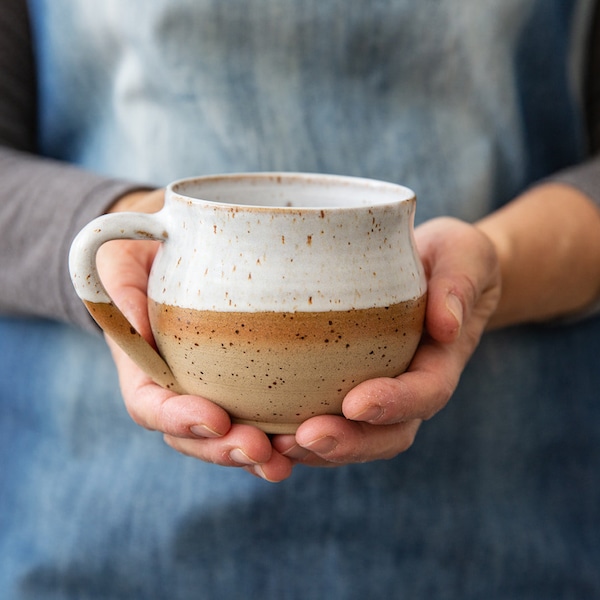 2 Round Ceramic Mugs, Handmade Large Pottery Tea or Coffee Mugs, Soup Bowl with Handle, Housewarming / Wedding Gift