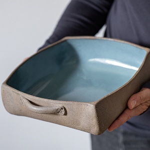 Large Square Ceramic Bake Dish, Casserole with Handles, Turquoise Rustic Oven to Table Dish - available in other colors