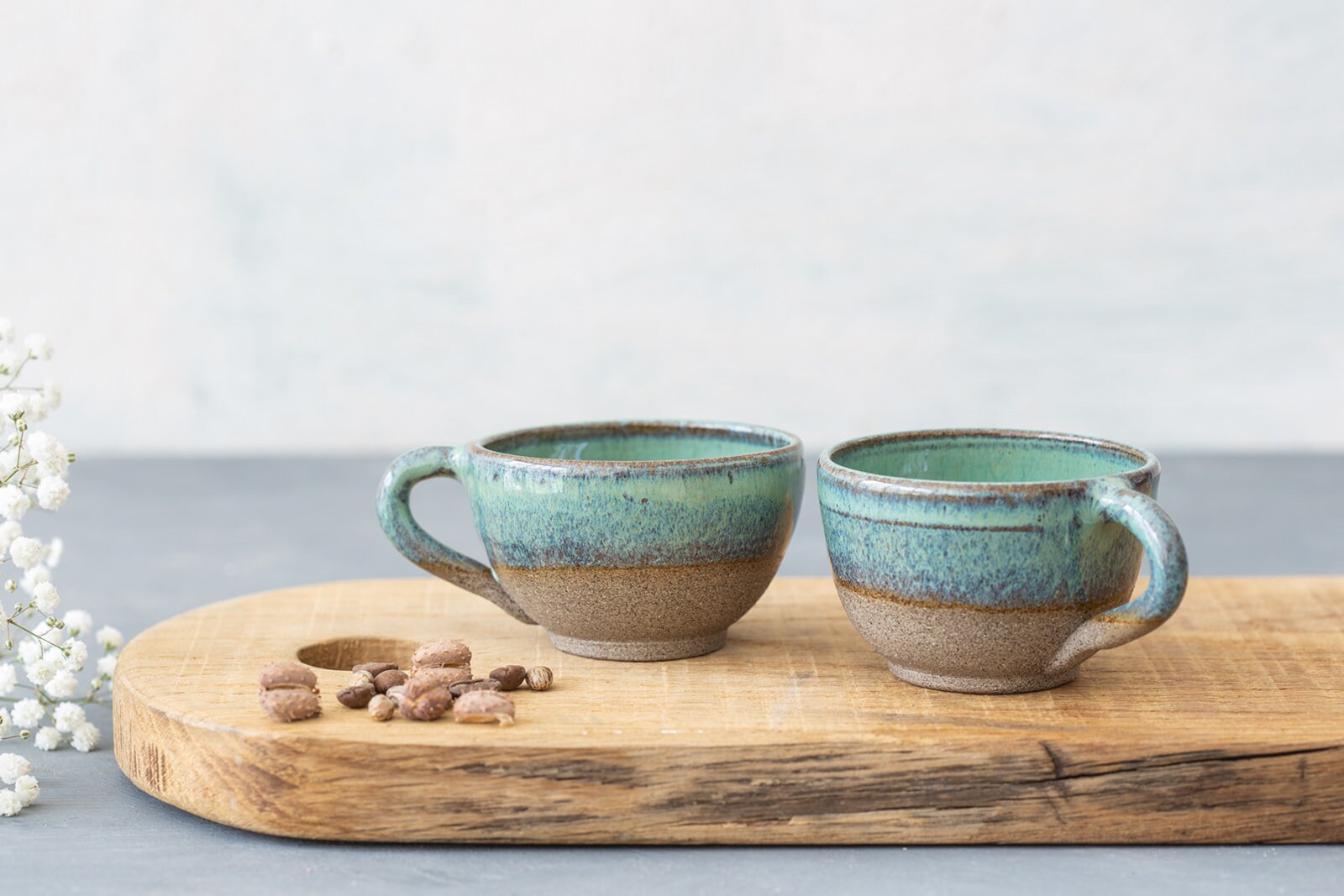 Small coffee mugs Housewarming gift Two Pottery Tea cups with Saucer