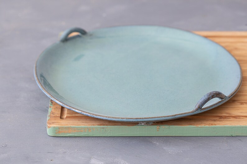 Round White Serving Tray With Handles Ceramic Large Cake Etsy