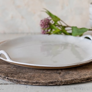 White Ceramic Platter, Ceramic Round Cake Plate With Handles, Pottery Rounded Appetizer & Cheese Tray, Wedding Gift