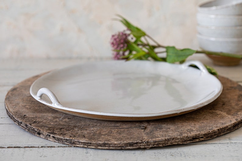 Round White Serving Tray With Handles Ceramic Large Cake Etsy