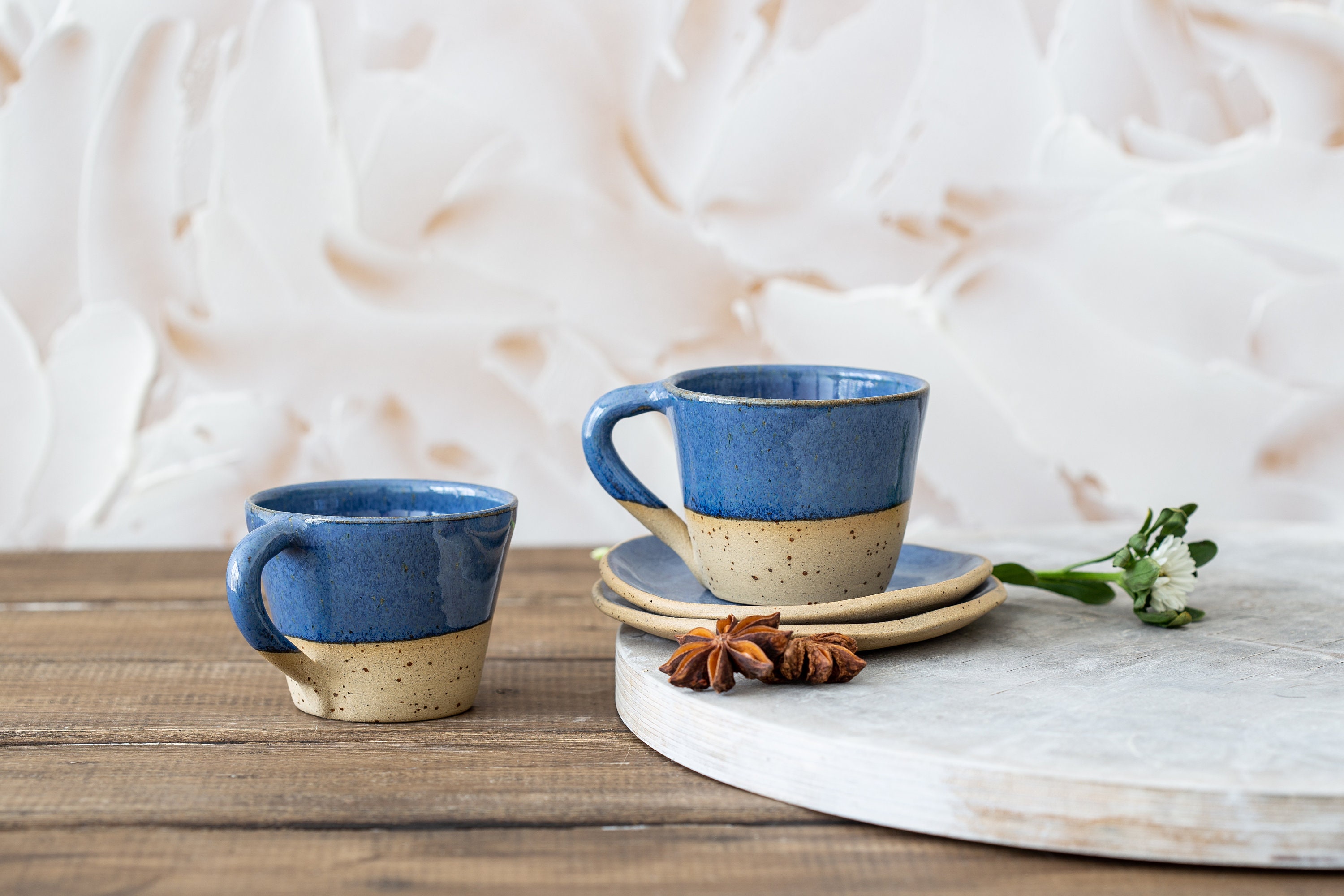 2 White Pottery Espresso Cups, Set of Two Unique Ceramic 4 Oz