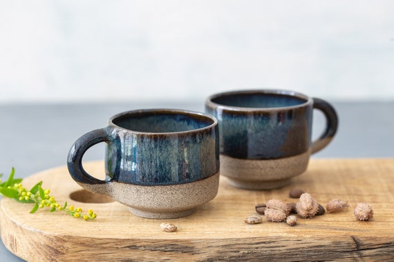 2 White Pottery Espresso Cups, Set of Two Unique Ceramic 4 Oz