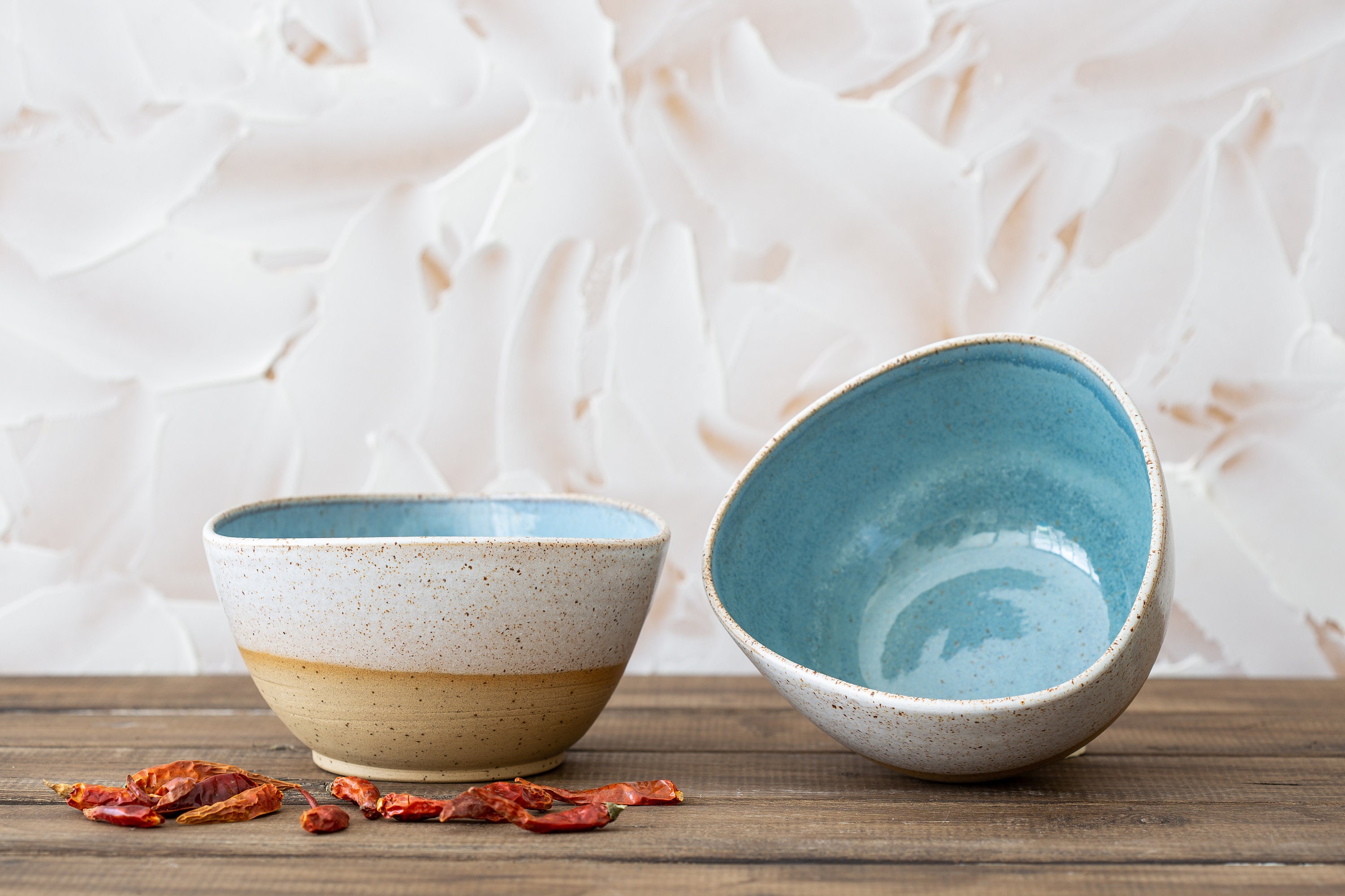 2 Triangular Ceramic Bowls Set Pottery Salad Nesting Bowls Etsy