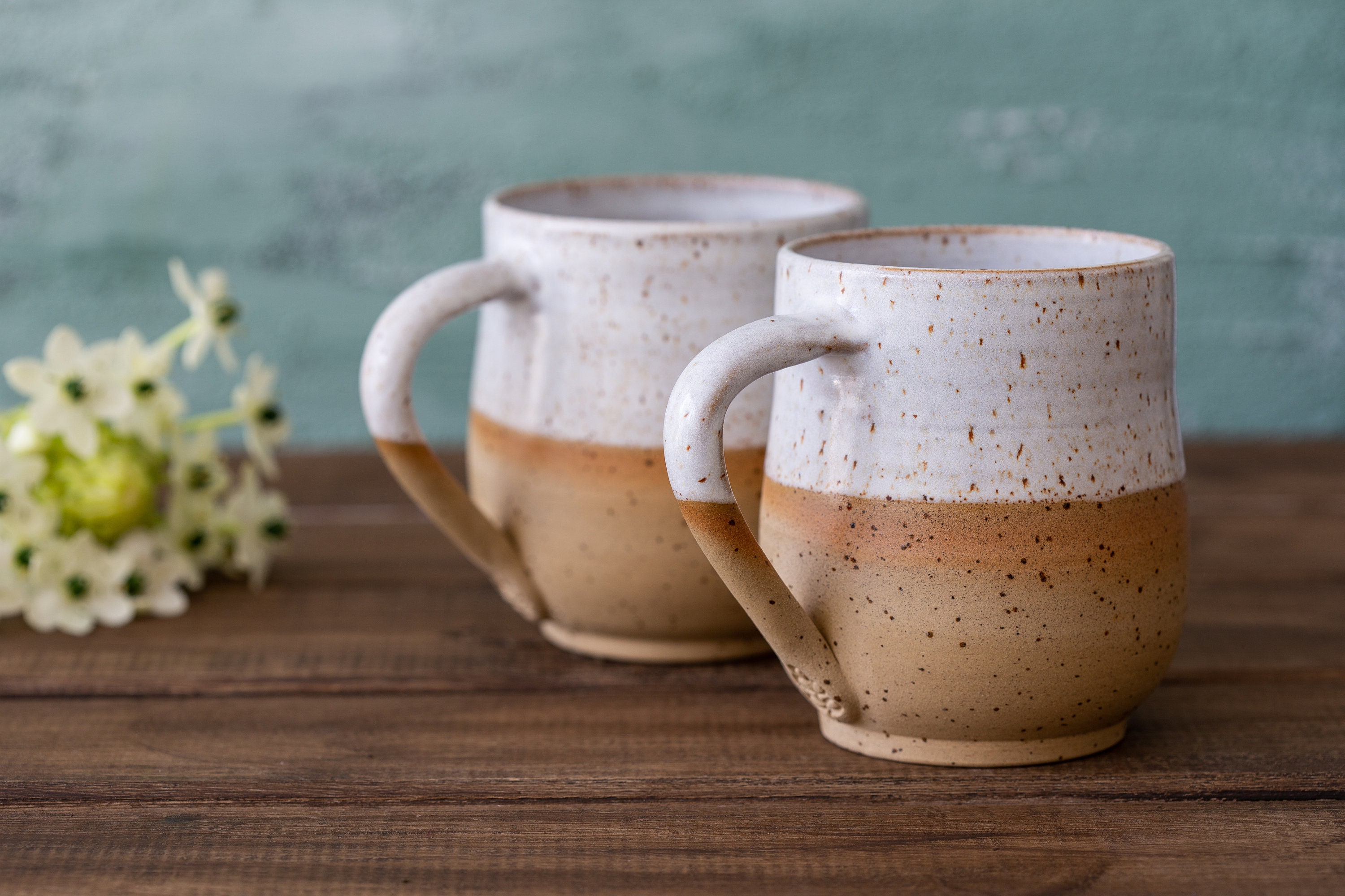 Ensemble de 2 Tasses à Café Blanches en Poterie, Cadeau Mariage Céramique La Maison, Grande Tasse Gr