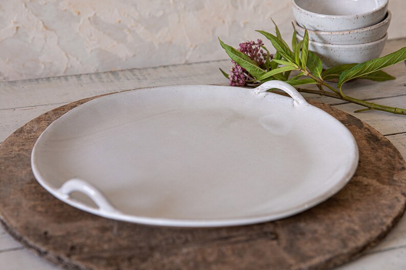 Round White Serving Tray With Handles Ceramic Large Cake Etsy