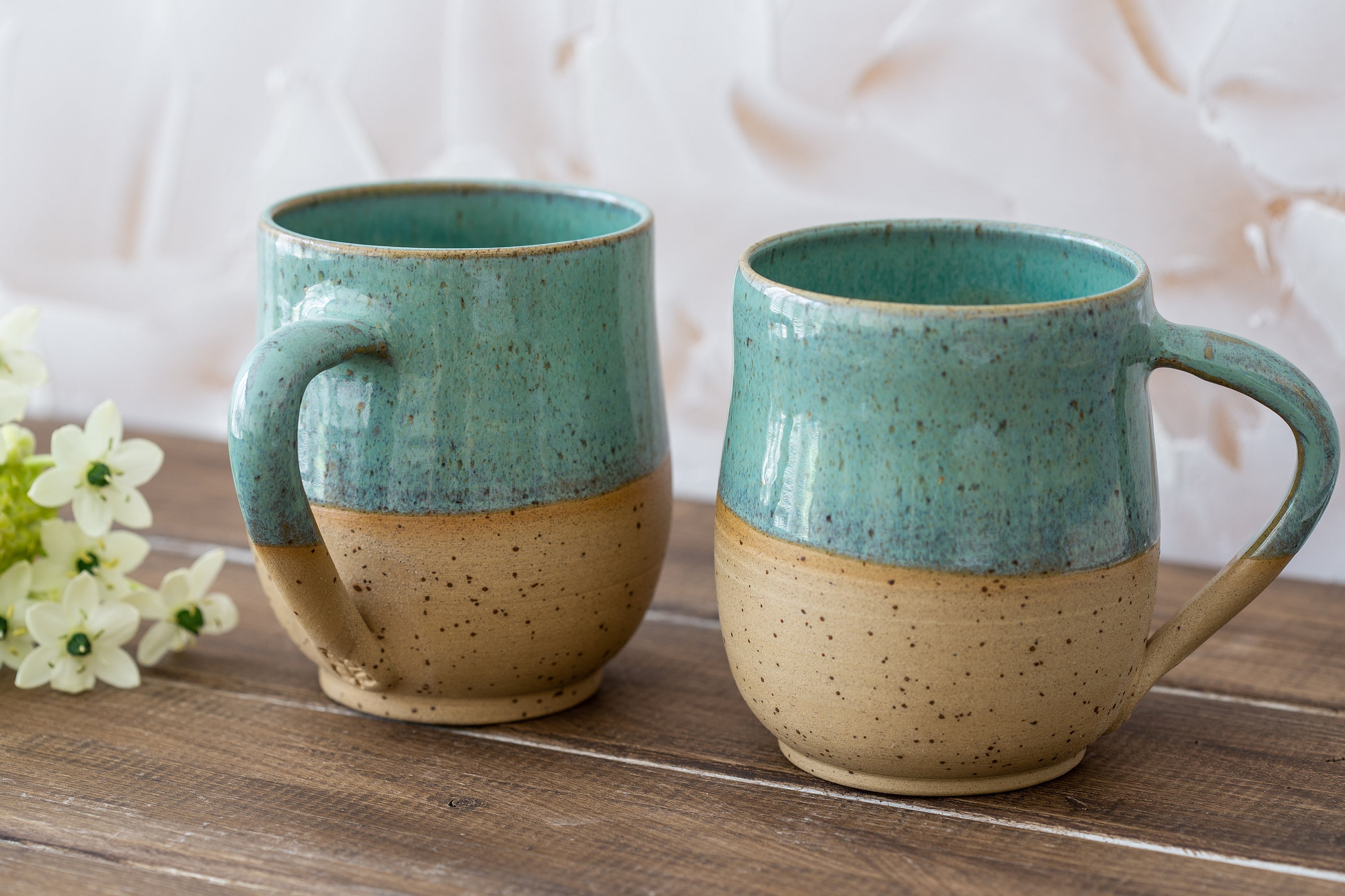 Ceramic Coffee Mug Set of 2, Two Large Green Pottery Mug, Rustic Coffee Mugs,  Ceramic Mugs Set, Tea Stoneware Cup 