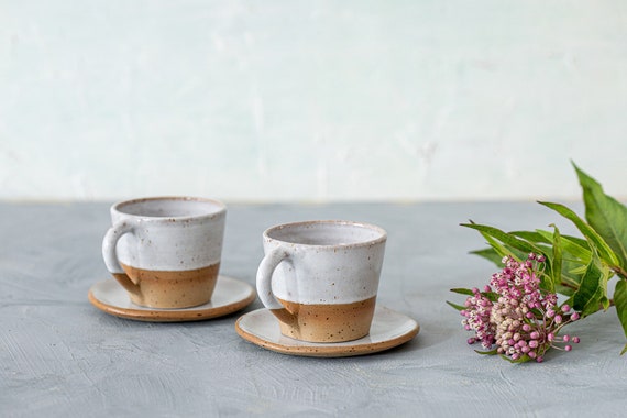 2 White Pottery Espresso Cups, Set of Two Unique Ceramic 4 Oz