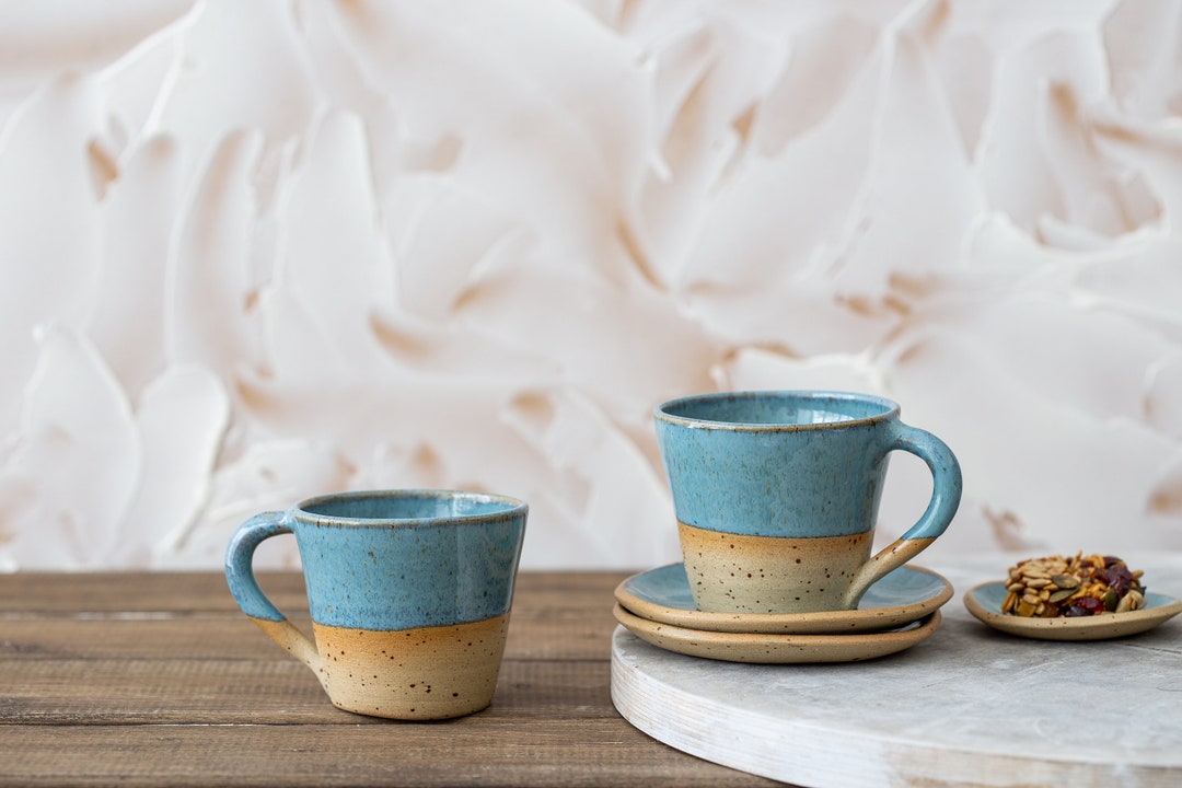 Coffee Mugs Set of Two Handmade Handthrown Pottery Cups Small Tea or Coffee  Cups Beige & Blue/gray 6oz Espresso or Chocolate Mugs 