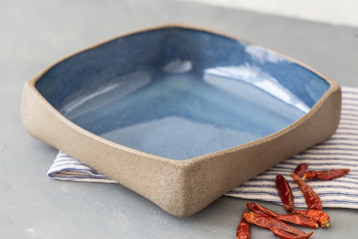 Large Square Serving Bowl Ceramic Casserole Dish Blue Modern Etsy