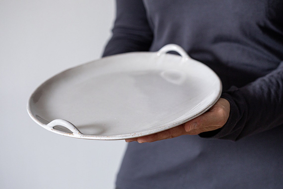 Round White Serving Tray With Handles Ceramic Large Cake Etsy