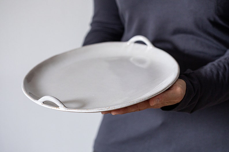 Ceramic Round Platter With Handles Large Rounded Dessert Etsy