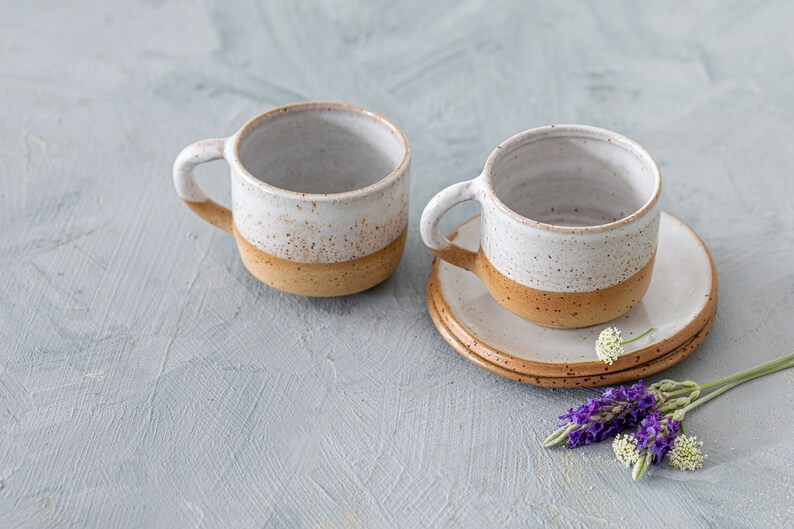Ceramic Espresso Cups Set and Saucer 2 White Stoneware Etsy Canada
