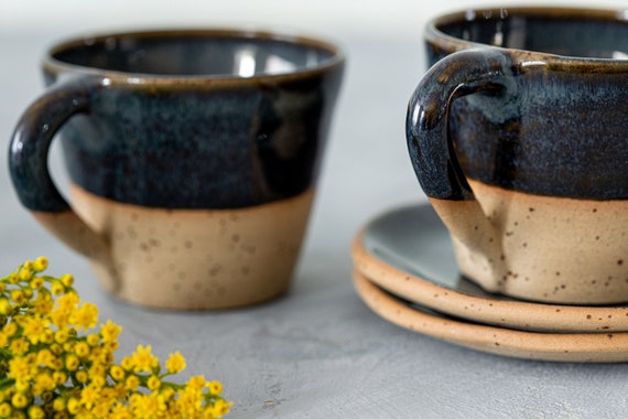 2 Pottery Black Cone Shape Espresso Cups, Set of Two 4oz Ceramic Cups With  Saucers, Small Mugs, Stoneware Tea Lovers Gift 