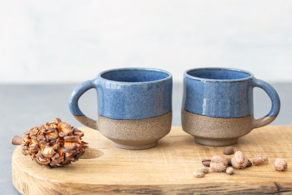 2 Espresso Cups Set 4oz, Blue Pottery Handmade Cups 