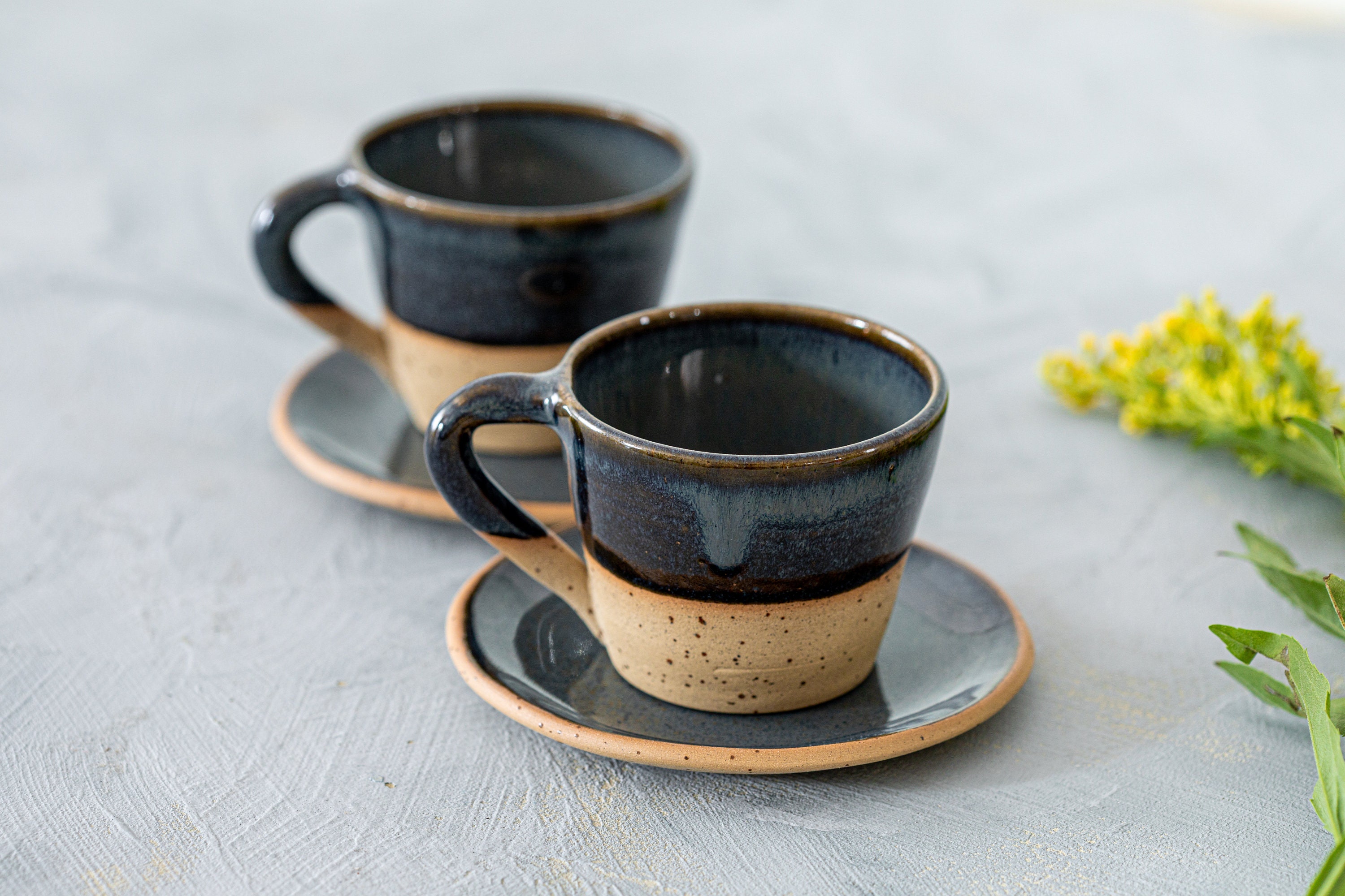 2 Pottery Black Cone Shape Espresso Cups, Set of Two 4oz Ceramic