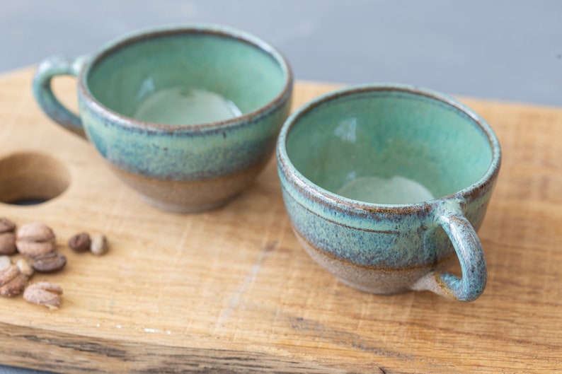 2 Green Round Ceramic Espresso Cups Set of Two Pottery Etsy