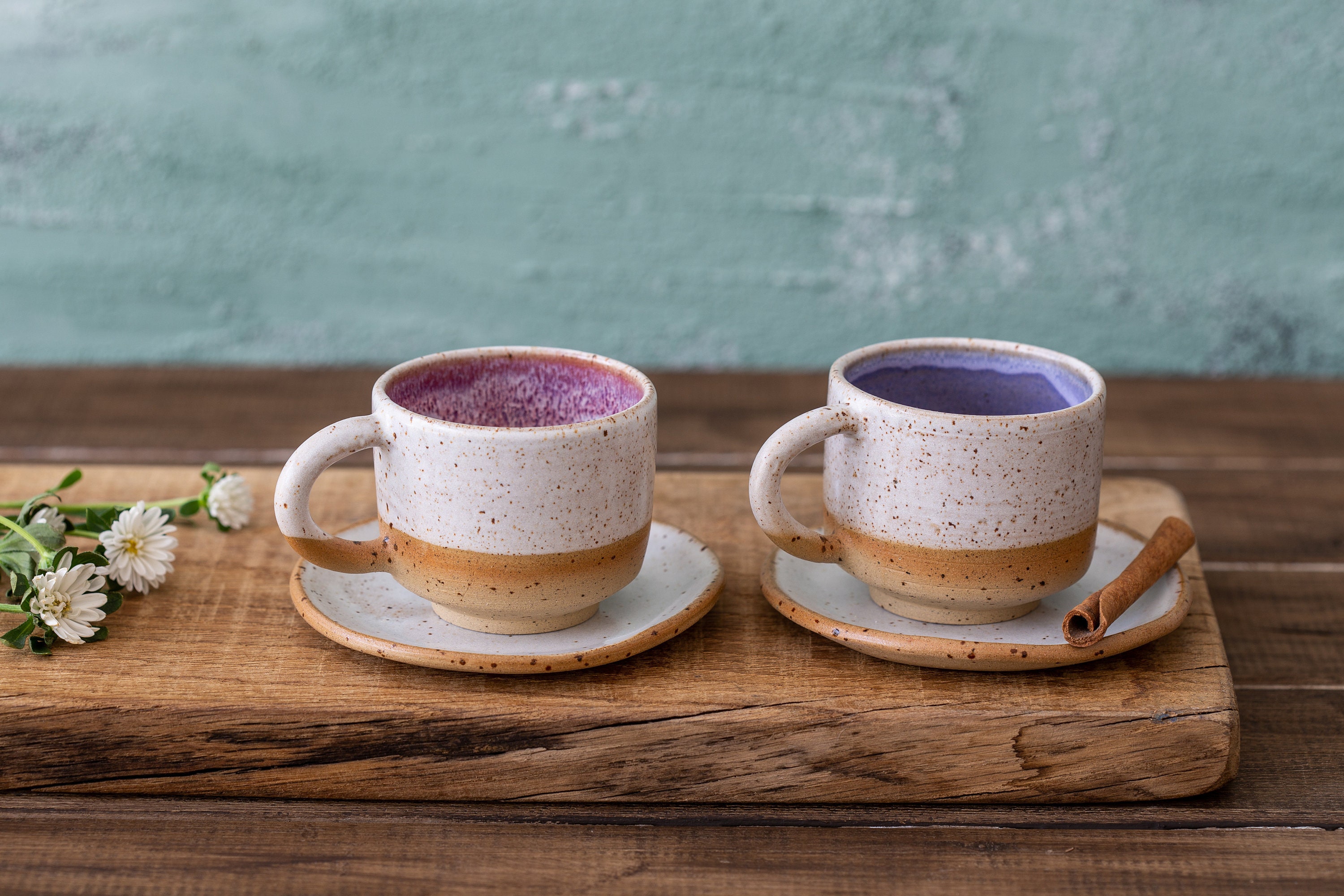 Ensemble de Tasses à Expresso en Céramique et Soucoupe, 2 Grès Coloré, Service Thé Poterie, Cadeau P