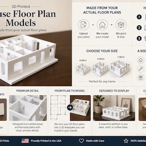 May include: A white 3D printed house floor plan model with open walls and rooms. The image includes text explaining the process of creating models from floor plans, size options of 4, 6, and 7 inches, and an optional personalized nameplate.