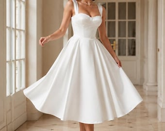 White Midi Dress,Sweetheart Neckline,Wide Straps,A-Line Skirt,Lace Up Back,Inspired Dress