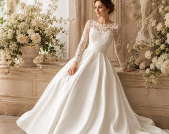 Ivory White Lace Wedding Dress, Long Sleeve Bridal Gown, Full Skirt Train