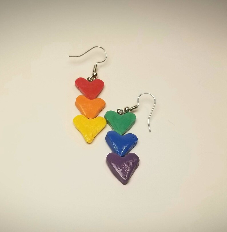 Rainbow Hearts Handmade Polymer Clay Dangle Earrings