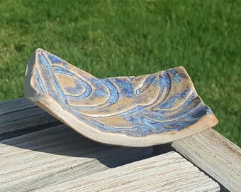 Blue and Tan Jewelry Dish, Hand Built Porcelain Pottery
