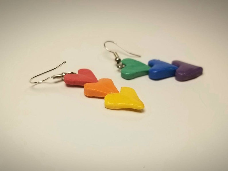 Rainbow Hearts Handmade Polymer Clay Dangle Earrings