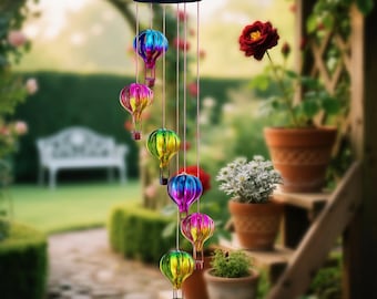 Solar Hot Air Balloon Wind Chime, Metal Garden Decor, Melodic Tones, LED Glow