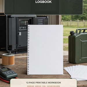 Puede incluir: Un cuaderno de espiral con una cubierta blanca en blanco, colocado sobre una superficie de madera. El texto BACKUP GENERATOR MAINTENANCE LOGBOOK y 12-PAGE PRINTABLE WORKBOOK EXERCISE - SERVICE - FUEL - OUTAGE RECORDS INSTANT DIGITAL DOWNLOAD es visible.