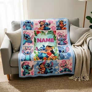 May include: A rectangular fleece blanket featuring a collage of Lilo and Stitch characters in various poses against tropical floral backgrounds. The centre panel displays the characters with the word NAME in bold pink letters on a light blue backdrop.